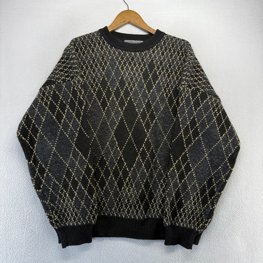 Vintage Le Collezioni Structure Sweater Mens Large Black Argyle Diamond Wool 90s